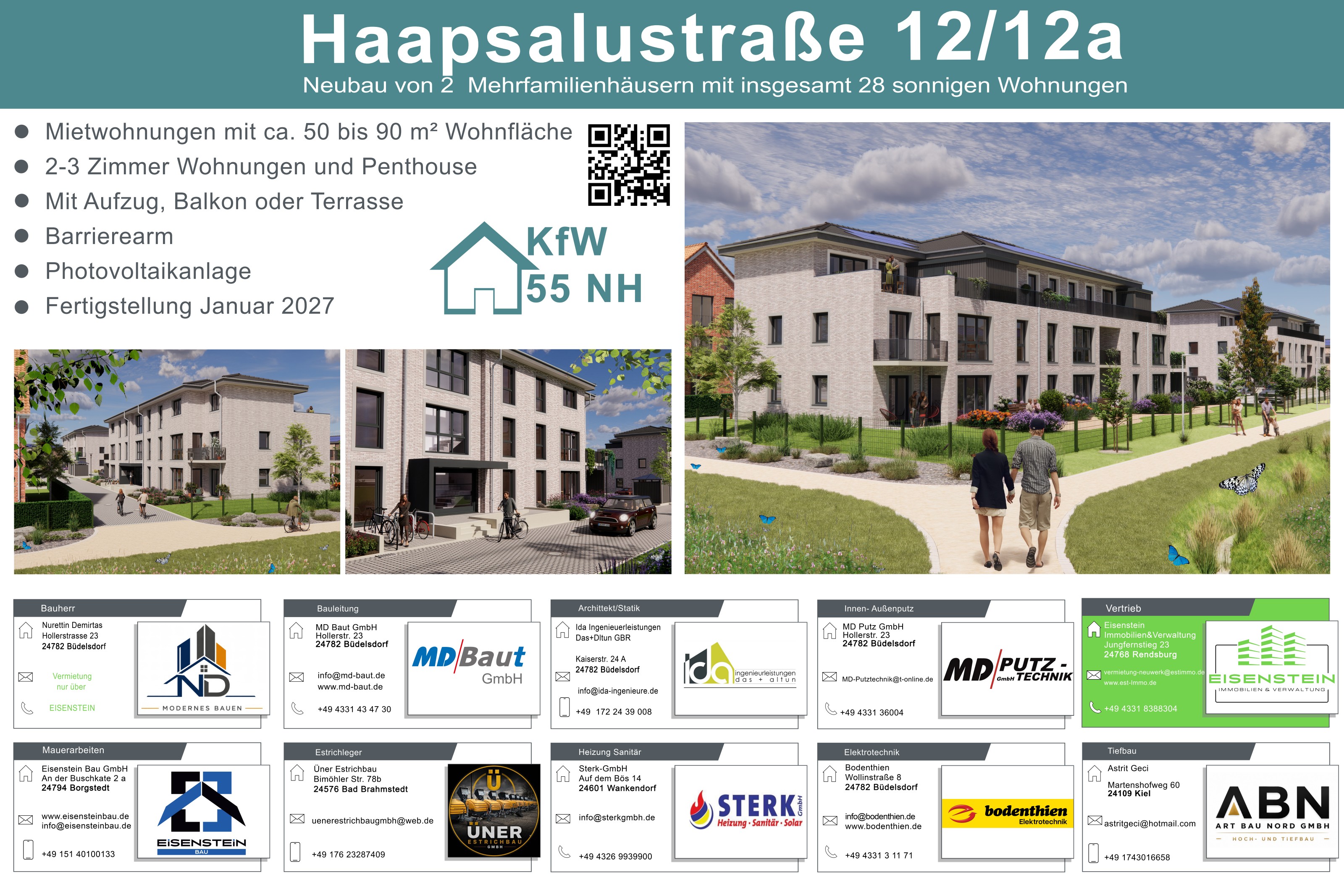 Bauschild mit Projektpartnern und Gebäudeansichten der Haapsalustraße